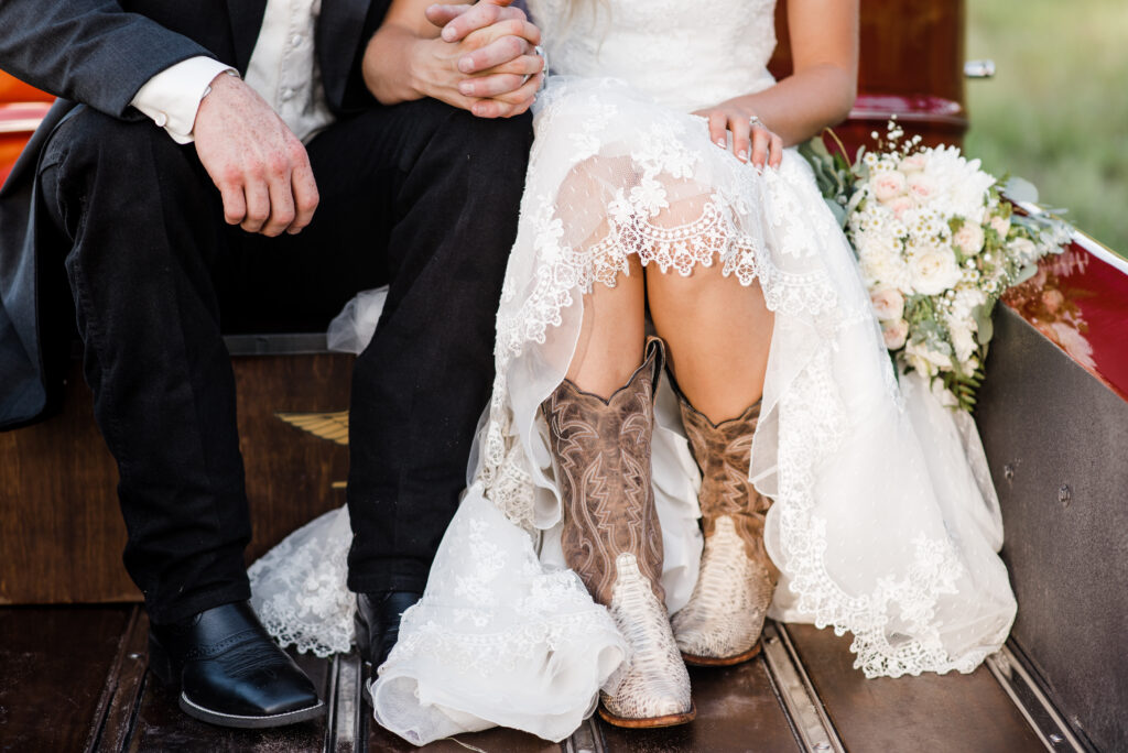 C Bar Ranch brides wear everything from glittery stilletos and bespangled tennies, to cowboy boots with glam detailing, like these shot by AmberDornPhotography.com.